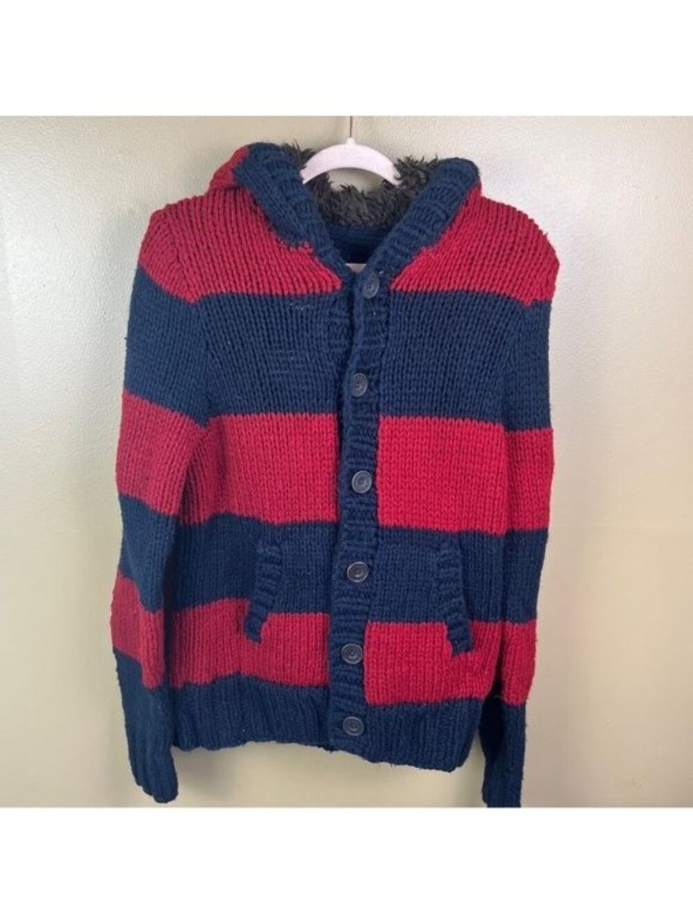 Vintage Abercrombie & Fitch Striped Rugby Sherpa Hood Sweater Jacket Sz Med Y2K